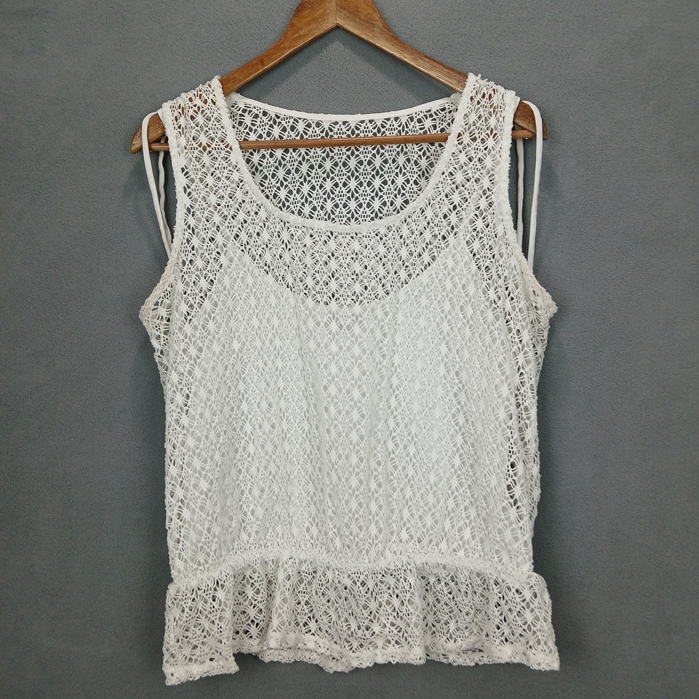 Takara Crochet Peplum Tank Top Women L White Built In Camisole Lining Scoop Neck